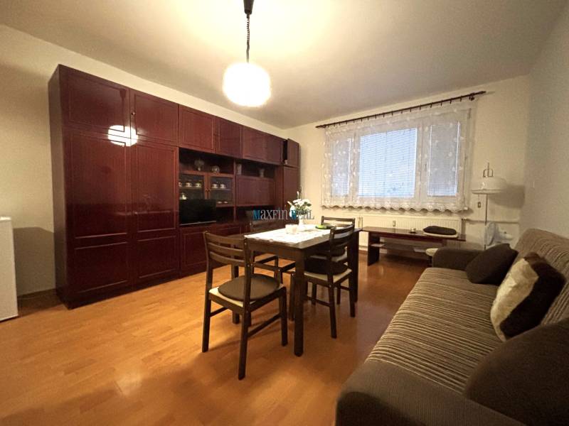 Living area of a studio apartment with wood-patterned flooring, furniture, and a dining table.