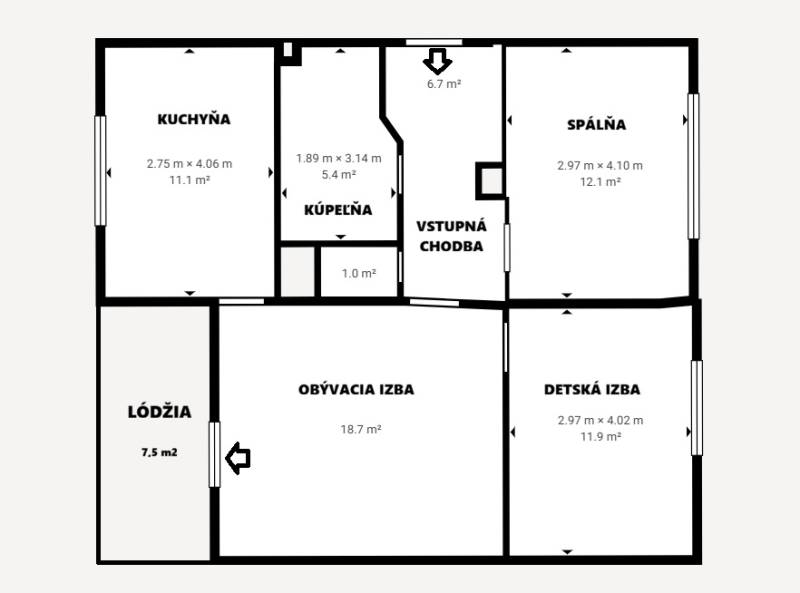 Floor plan of a 3-room apartment with a kitchen, living room, and bathroom.