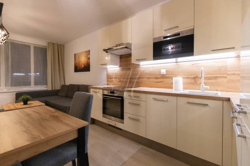 A kitchen in a 2-room apartment with a sofa, table, and wooden decor flooring.