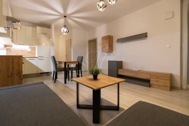 Living room in a two-room apartment with light furniture and a wooden decor floor.