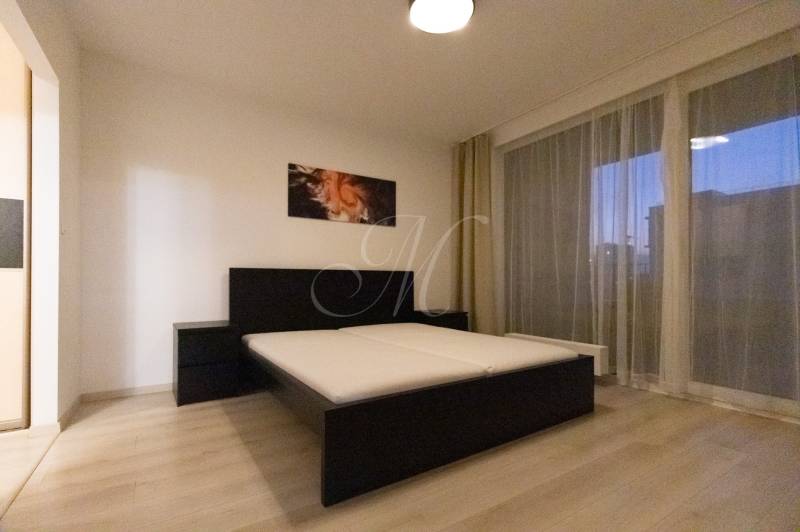 Bedroom in a two-room apartment with a bed, painting, and large window.