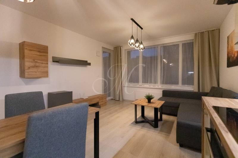 Living room with wood-patterned flooring and gray furniture in a 2-room apartment.