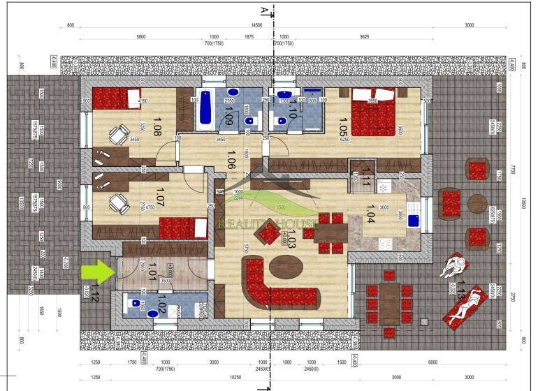 Floor plan of a family house with four rooms and a wooden decor floor.