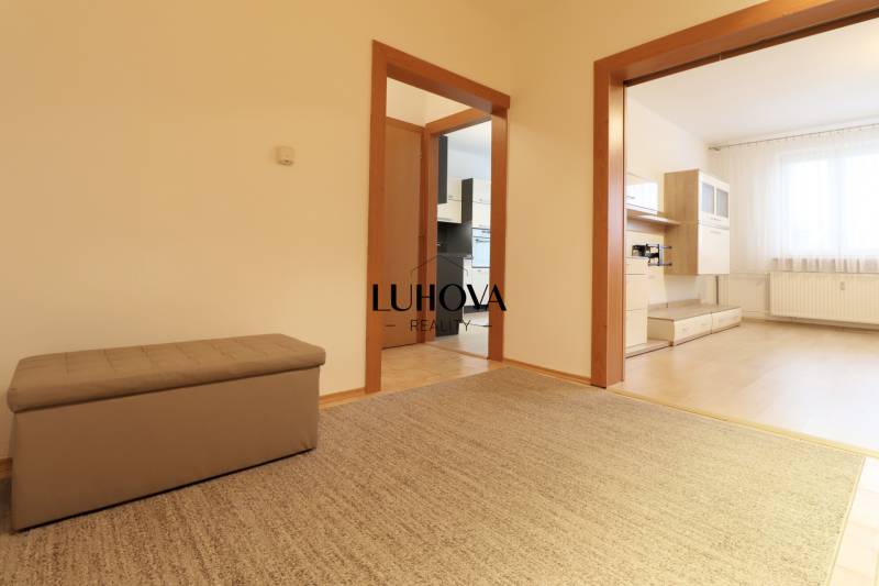 Hallway with a sofa, doors to the kitchen and living room, with a wooden-patterned floor.