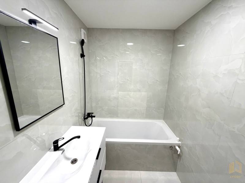 A bathroom in a studio apartment with a shower, bathtub, sink, and mirror.