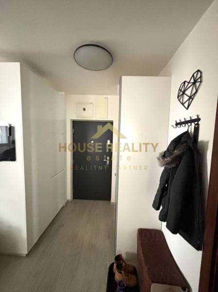 Entrance hallway in a 2-room apartment with wood-patterned flooring and hanging coat racks.