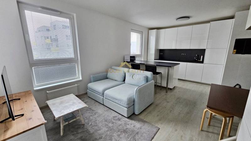 Living room with a kitchenette in a 2-room apartment, bright interior and floor with a wooden decor.