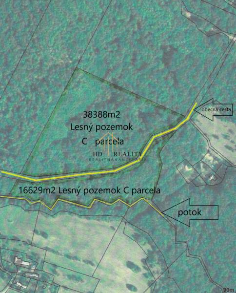 Location Hrušov: Forest lands with access road and stream on the border.