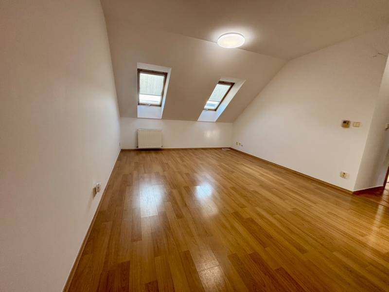 Attic room with wood-patterned flooring in a 2-room apartment.