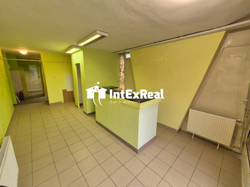 Commercial premises with tiles and a counter, light green walls, suitable for operation.