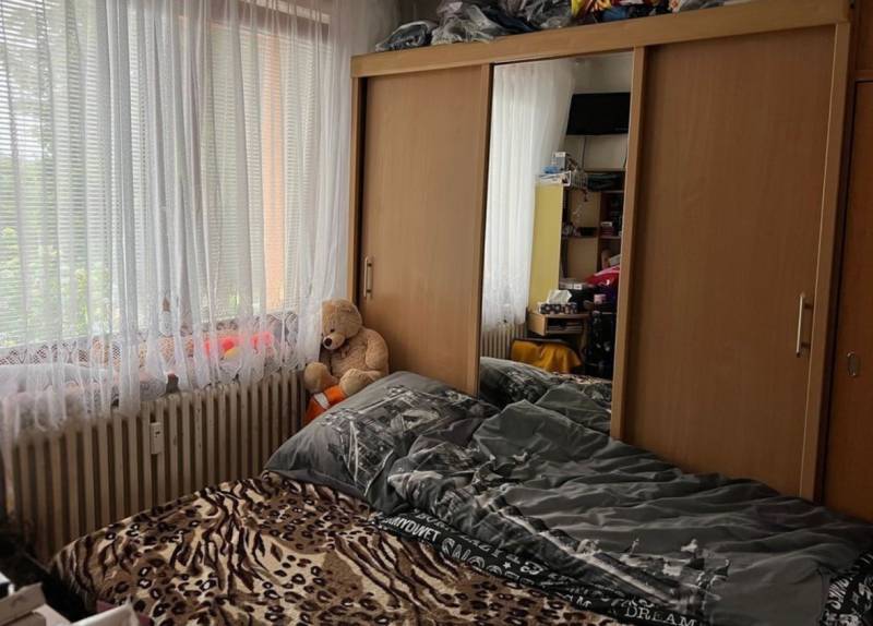 Bedroom in a studio apartment with a bed, a wardrobe with a mirror, and a plush teddy bear.