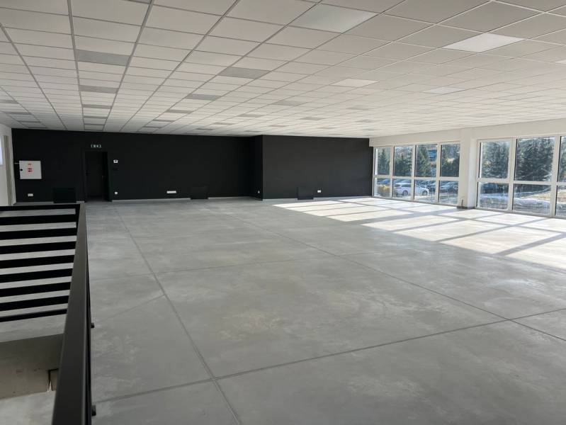 Spacious commercial spaces with large windows and concrete flooring.