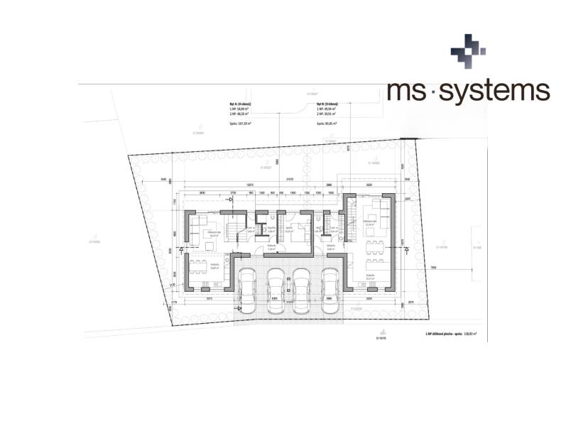 Architectural plan of a family house in Mlynica with a garage and a garden.