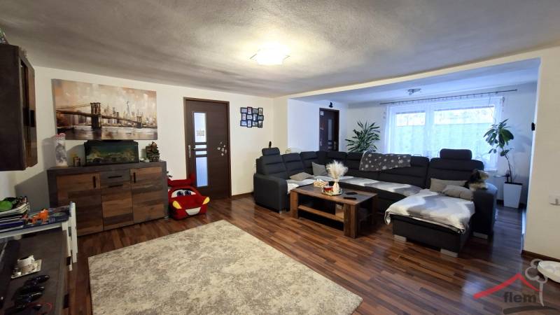 Living room in a family house with a wood-patterned floor, a sofa, and decorations.
