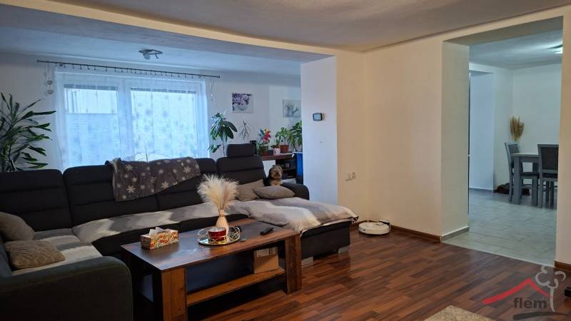 Living room in a family house with a dark sofa, wood-patterned flooring, and decorations.