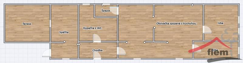Floor plan of a family house with a wooden decor floor, rooms, and terrace.