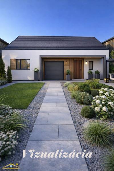 A family house in Stará Bystrica with a front garden and a landscaped path leading to the entrance.