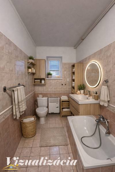 A bathroom in a family house with a bathtub, sink, and storage spaces in a wooden decor.