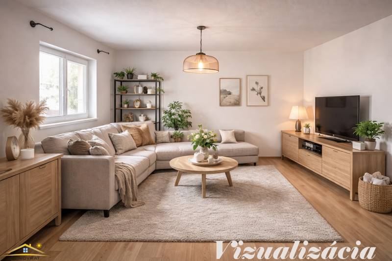 Living room in a family house with a comfortable sofa, decorations, and a wooden-patterned floor.