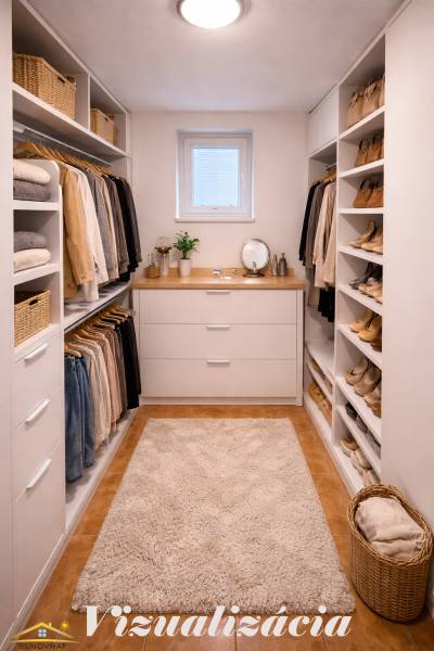 A wardrobe in a family house with shelves, storage space, and a beige carpet.