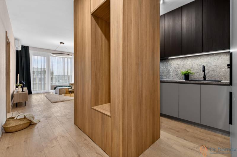 Interior of a 2-room apartment with wood-patterned flooring, a bright living room, and a kitchen.