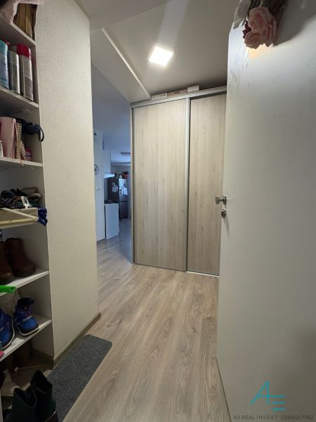 A hallway in a 2-room apartment with a wooden decor floor and a built-in wardrobe.