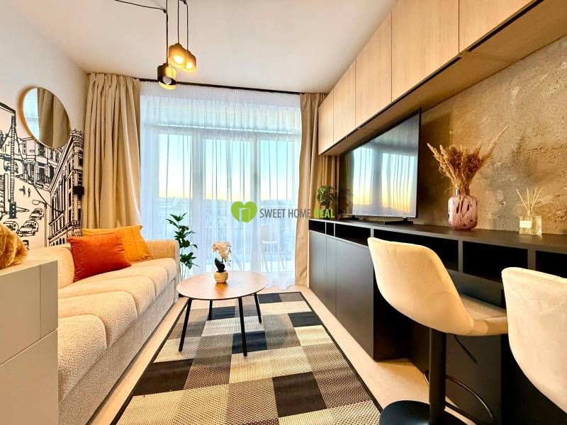 Living room in a one-bedroom apartment with a sofa, table, and wooden decor flooring.