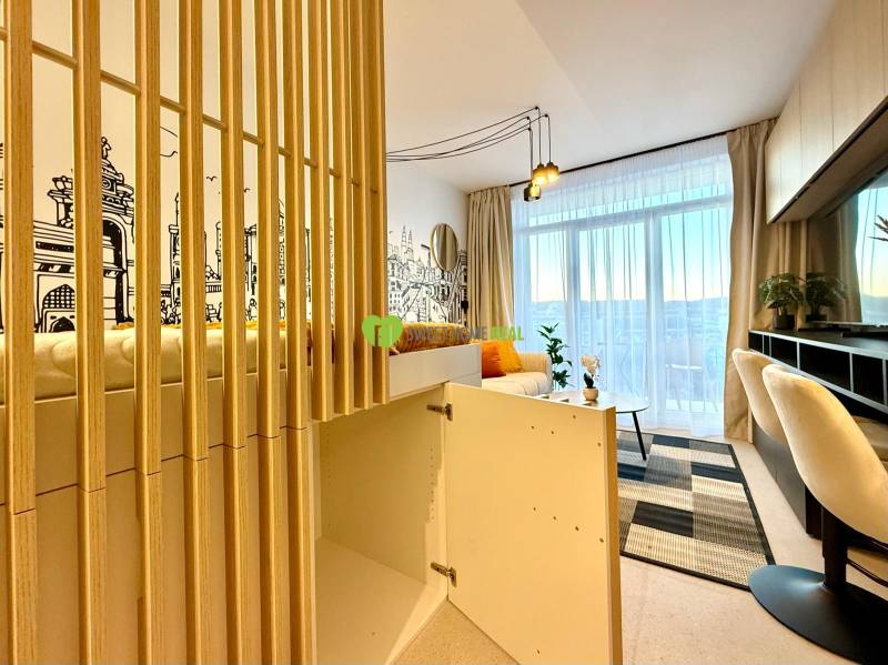 Interior of a 1-room apartment with armchairs, wall drawing, and built-in wardrobe.