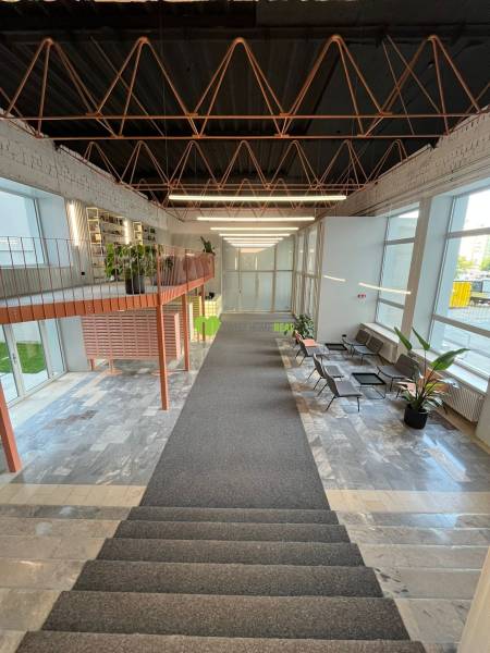 Reception with modern design, seating areas, and plants in an office building.