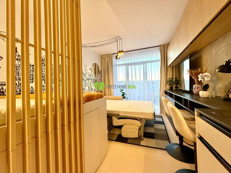 A studio apartment with wood-patterned flooring, a pull-out bed, and a wall design.