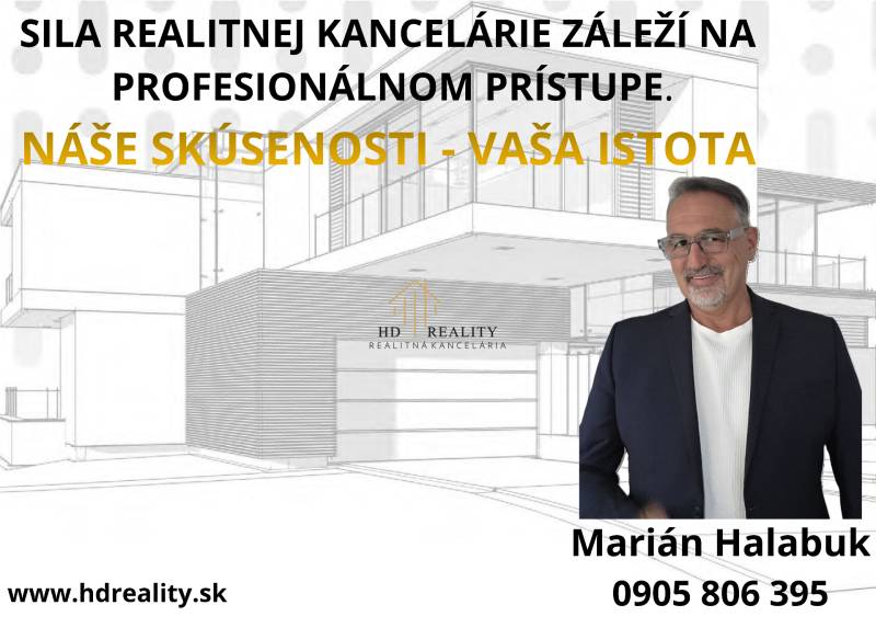 HD Reality real estate agency advertisement with contact information for Marián Halabuk.
