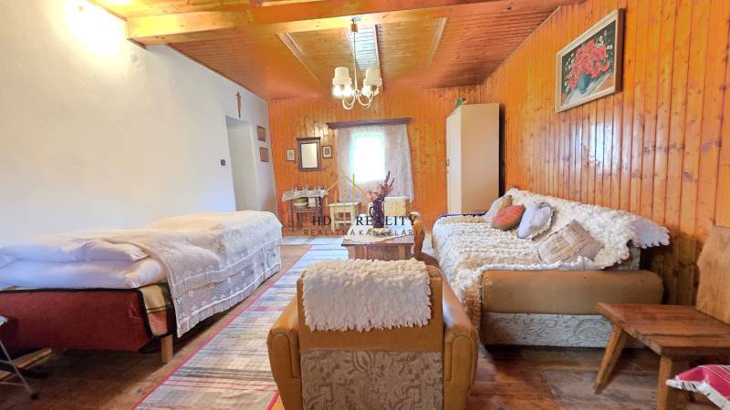 Living room in a family house with wooden paneling and comfortable furniture.