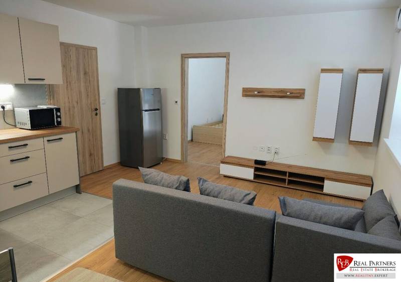 Living room in a 3-room apartment with a kitchenette and a floor with a wooden decor.