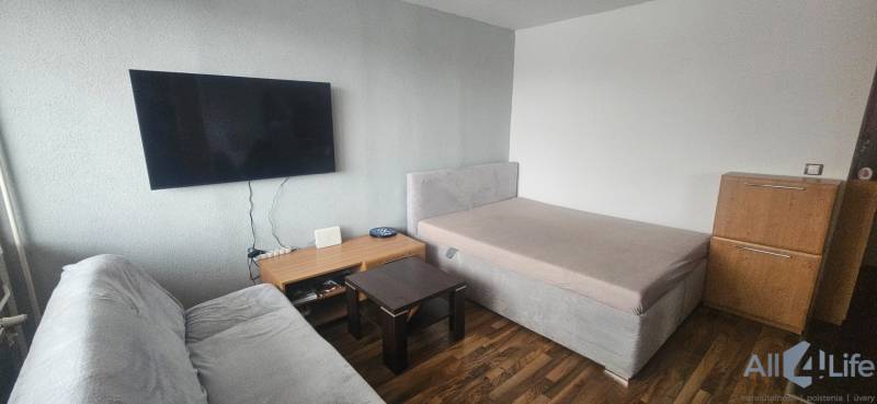 A studio apartment with gray-beige furniture, a TV on the wall, and a wooden decor floor.