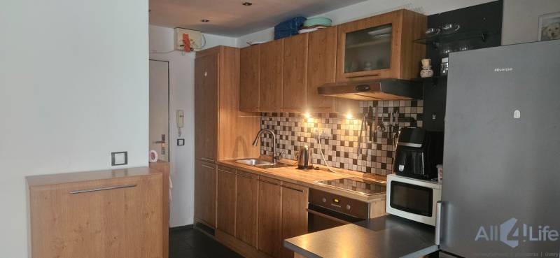 A kitchenette in a studio apartment with a wooden decor floor and ceramic mosaic on the wall.
