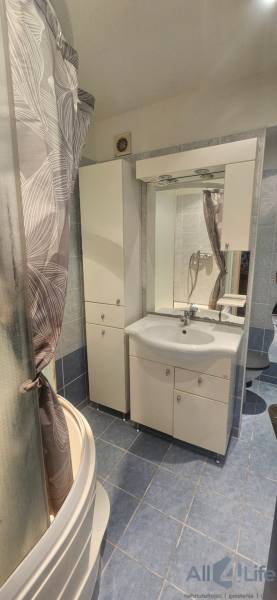 A bathroom in a studio apartment with blue tiles, a shower, and a white sink.