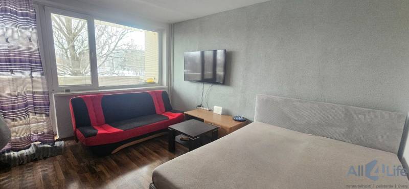 A studio apartment with a wooden floor, a light sofa, a television, and decorative curtains.