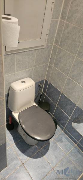A bathroom in a studio apartment with a toilet, blue tiles, simple design.