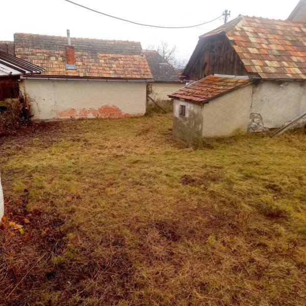 A garden at a family house in Nová Bašta, with old buildings and a lawn in the background.