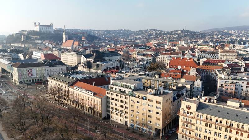 Aerial view of Bratislava - Old Town with Bratislava Castle and Vajanského Embankment.
