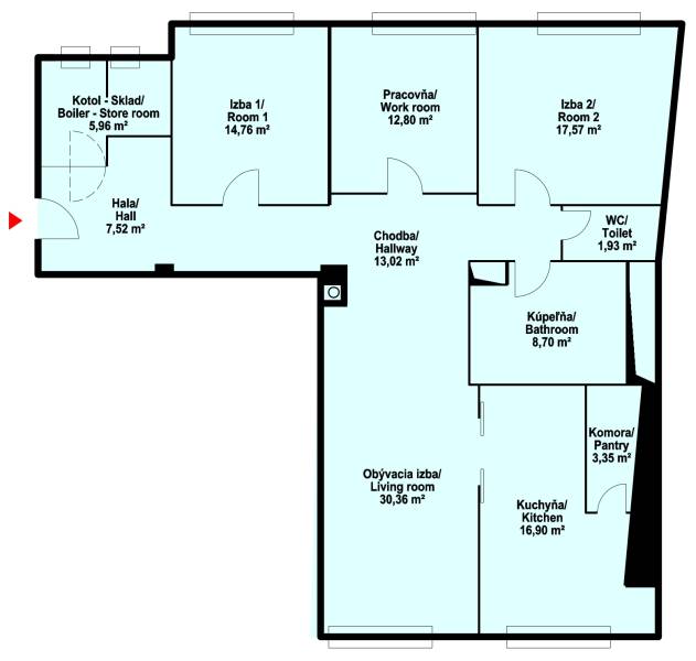 The floor plan of a 4-room apartment includes a living room, bedrooms, a kitchen, a bathroom, and a study.