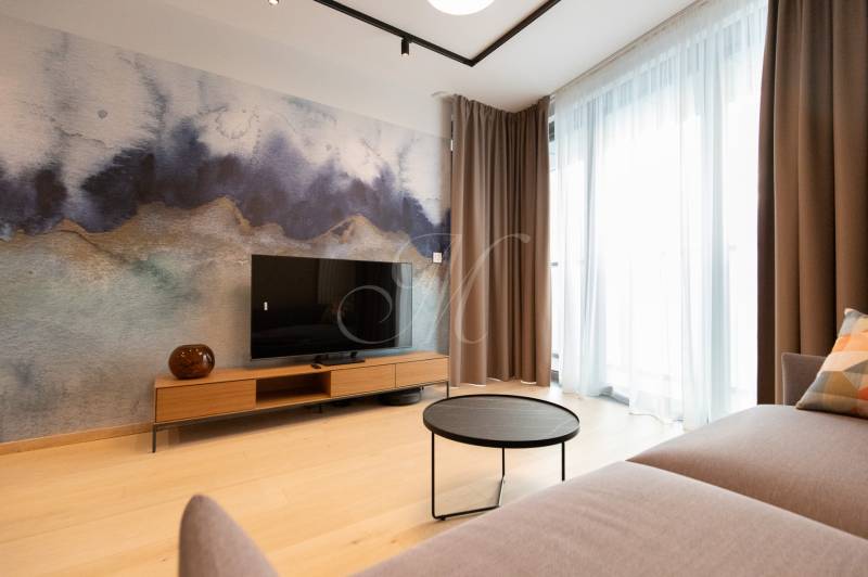 Living room in a two-room apartment with a wooden decor floor and a TV on a stand.
