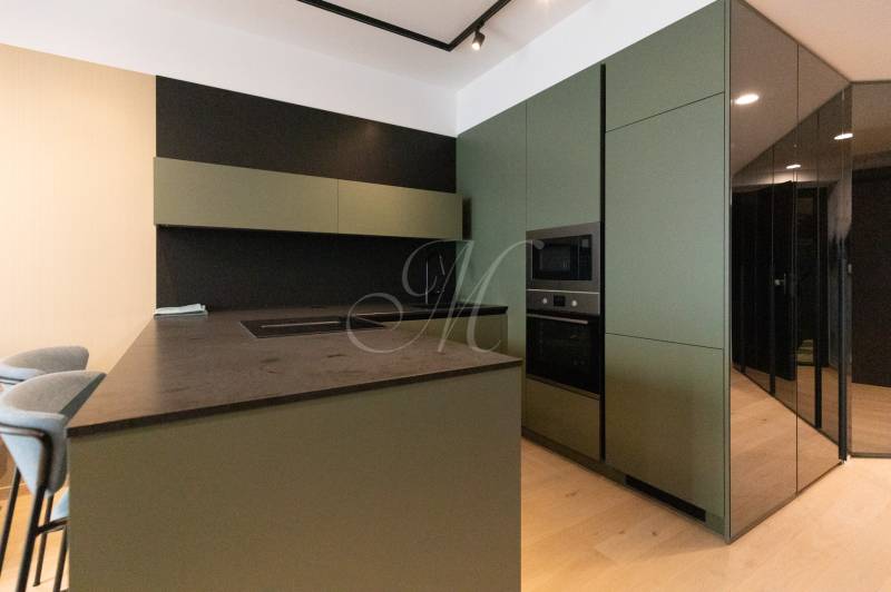A kitchen with green cabinets, a black countertop, and appliances in a 2-room apartment.