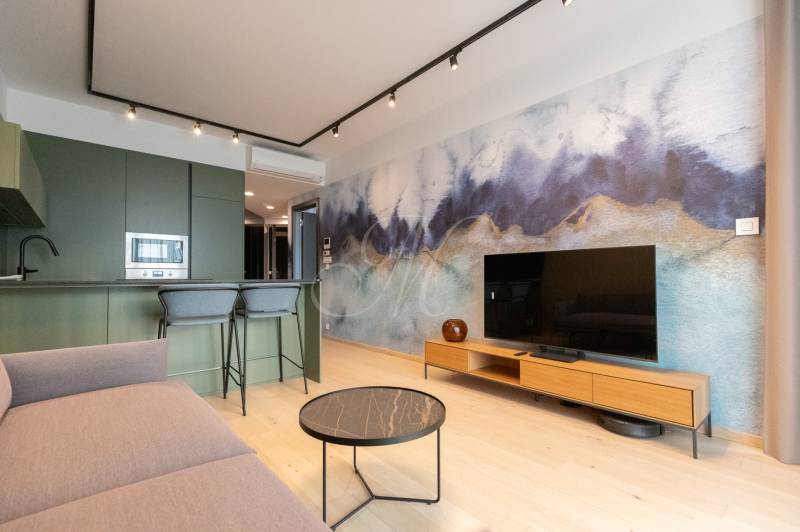 Living room in a two-room apartment, with a wooden decor floor and an artistic wall.