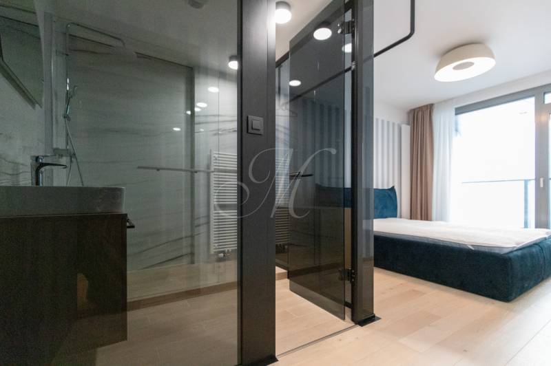 Modern interior of a 2-room apartment with a glass-walled bathroom and a wooden decor floor.