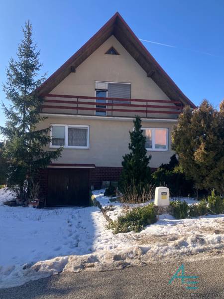 A family house on the street in Rudník, a snowy garden with conifers in the foreground.