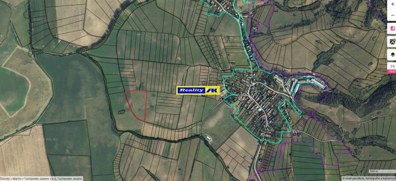 Aerial view of agricultural and forest lands in the village of Turčianske Jaseno.