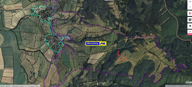 Aerial view of agricultural and forest lands in Turčianske Jaseno with marked boundaries.