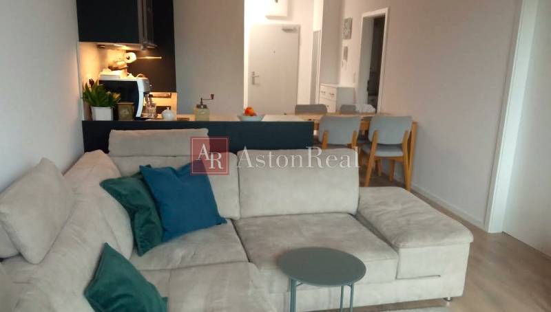 Living room in a two-room apartment with a kitchenette, sofa, and dining table.