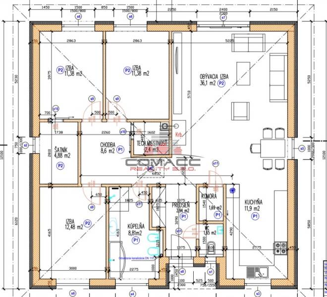 Floor plan of a family house with a living room, kitchen on the street, plan for the placement of a new transmitter.